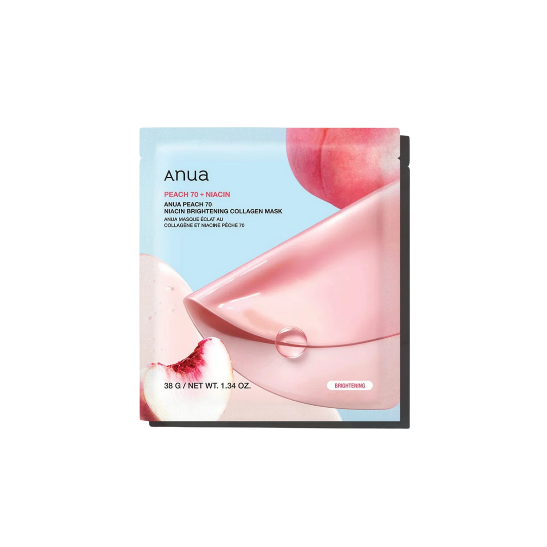ANUA Peach 70 Niacin Brightening Collagen Mask is a hydrating sheet mask infused with 70% Peach Fruit Water and Niacinamide to visibly brighten and refresh dull skin. Enriched with Soluble Collagen and multiple forms of Hyaluronic Acid, it delivers deep moisture while boosting elasticity. Soothing ingredients like Allantoin and Dipotassium Glycyrrhizate help calm the skin, while Raspberry and Peach Extracts provide antioxidant care. Perfect for a radiant, dewy glow after just one use.