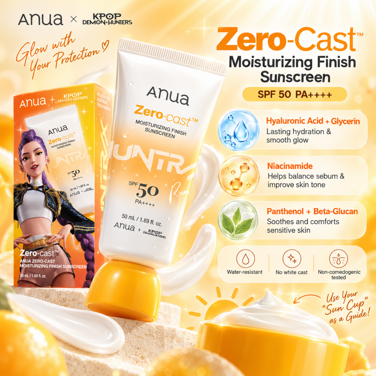 ANUA Zero-Cast Moisturizing Finish Sunscreen Kpop Demon Hunters