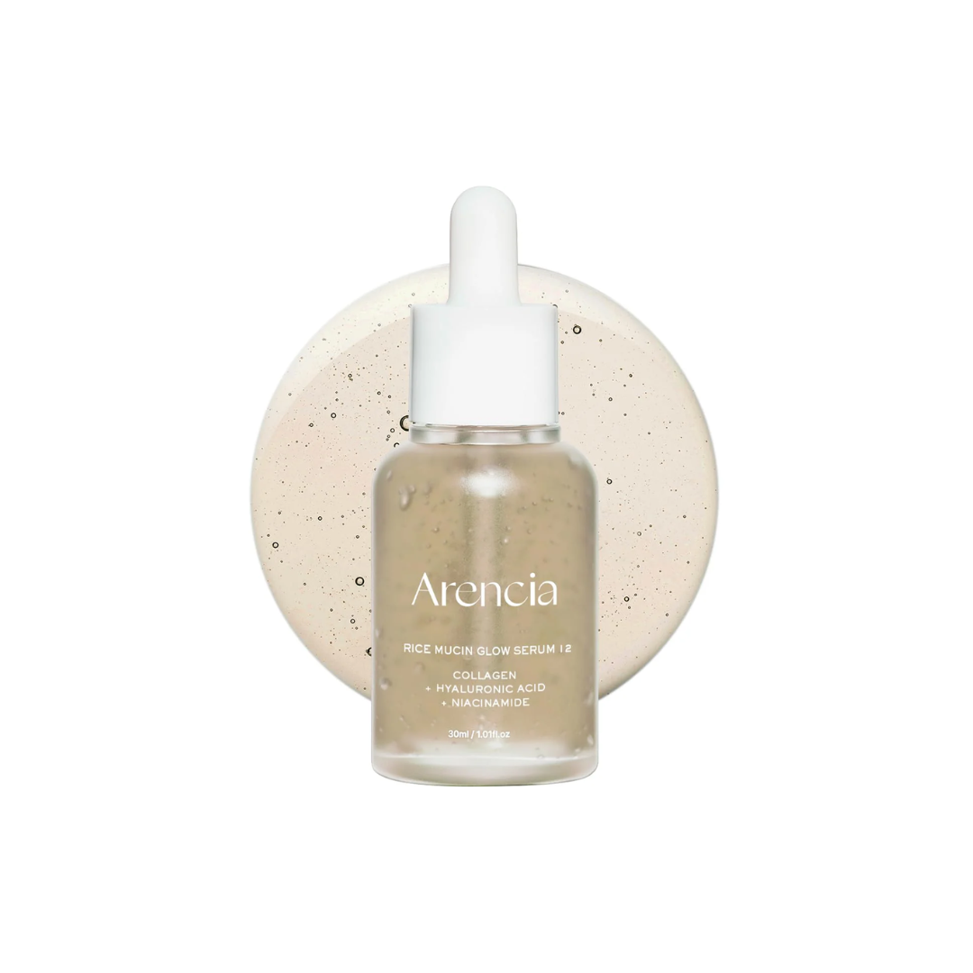 ARENCIA Rice Mucin Glow Serum is a brightening and hydrating serum enriched with over 60% Rice Ferment Filtrate. Formulated with Niacinamide, Hydrolyzed Collagen, and multiple forms of Hyaluronic Acid, it helps improve skin tone, smooth texture, and boost radiance. Retinal and Tranexamic Acid support skin renewal and reduce the appearance of dark spots, making it ideal for those seeking a healthy, glowing complexion.