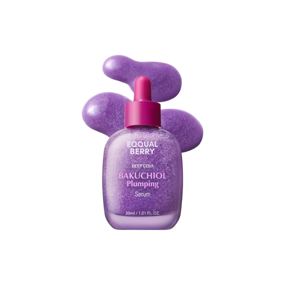 EQQUALBERRY Bakuchiol Plumping Serum is a rejuvenating serum that firms, hydrates, and brightens the skin. Formulated with Bakuchiol as a gentle alternative to Retinol, it helps smooth fine lines and improve elasticity without irritation. Enriched with Niacinamide, Ceramides, and multiple forms of Hyaluronic Acid, it strengthens the skin barrier and delivers deep, lasting hydration. Infused with Berry Extracts, Peptides, and Collagen, this serum revitalizes the complexion, leaving it plump, radiant, and you