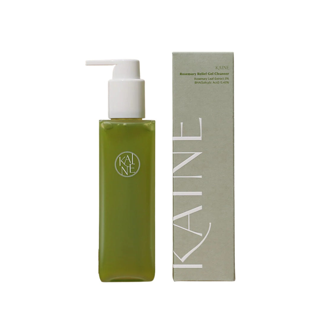 KAINE Rosemary Relief Gel Cleanser is a gentle, soothing gel cleanser formulated to calm and refresh sensitive and troubled skin. Infused with Rosemary Leaf Extract, Artemisia Water, and Salicylic Acid, it helps to cleanse pores, control excess oil, and reduce inflammation without stripping moisture. A blend of Hyaluronic Acid, Panthenol, and plant extracts like Spinach, Cabbage, and Broccoli keeps the skin hydrated and balanced. Ideal for daily use on oily, sensitive, or acne-prone skin.