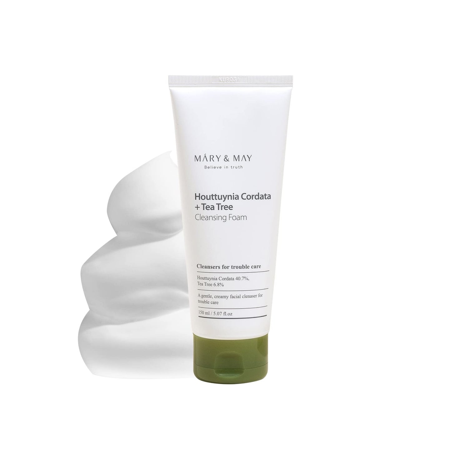 MARY & MAY Houttuynia Cordata + Tea Tree Cleansing Foam is a soothing and purifying cleanser for sensitive and troubled skin. Formulated with 40.7% Houttuynia Cordata Extract and 6.85% Tea Tree Extract, it helps calm irritation and reduce excess oil, while Glycerin and Sodium Hyaluronate provide hydration. The gentle foam effectively cleanses without stripping the skin, leaving it feeling refreshed and balanced. Ideal for acne-prone or oily skin types.