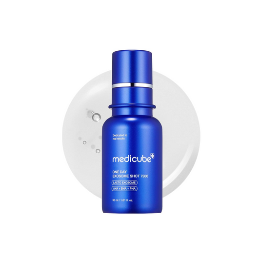 MEDICUBE One Day Exosome Shot Pore Ampoule 7500 is a powerful serum designed to deeply cleanse pores, firm the skin, and boost hydration levels. Infused with 7,500ppm of exosomes, Panthenol, and Adenosine, it promotes skin elasticity and provides intense hydration for a smoother, more radiant complexion.