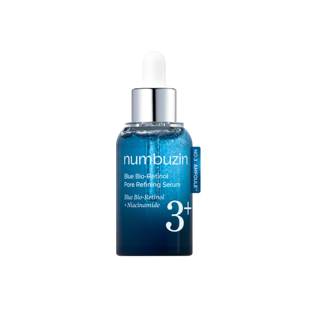 NUMBUZIN No.3 Blue Bio-Retinol Pore Refining Serum is a lightweight yet powerful serum designed to smooth skin texture and minimize the look of pores. Enriched with Bio-Retinol, Retinol, and Niacinamide, it targets uneven tone, dullness, and fine lines while refining pores for a clearer, more radiant complexion. The formula also includes Centella Asiatica, Panthenol, and Hydrolyzed Collagen to calm and hydrate, making it gentle enough for regular use. Ideal for those seeking a smoother, firmer, and more ref