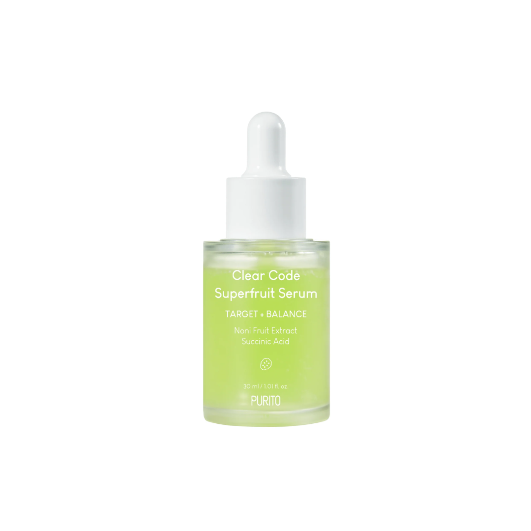 PURITO SEOUL Clear Code Superfruit Serum is a revitalizing serum enriched with nourishing superfruits like Morinda Citrifolia (Noni) Fruit Extract to refresh and hydrate the skin. Formulated with Succinic Acid, Panthenol, and Saccharomyces Ferment, it helps balance skin tone, improve texture, and provide long-lasting moisture. Soothing ingredients like Allantoin and Coptis Chinensis Root Extract calm irritation. Its lightweight formula absorbs quickly, making it ideal for oily and combination skin, leaving
