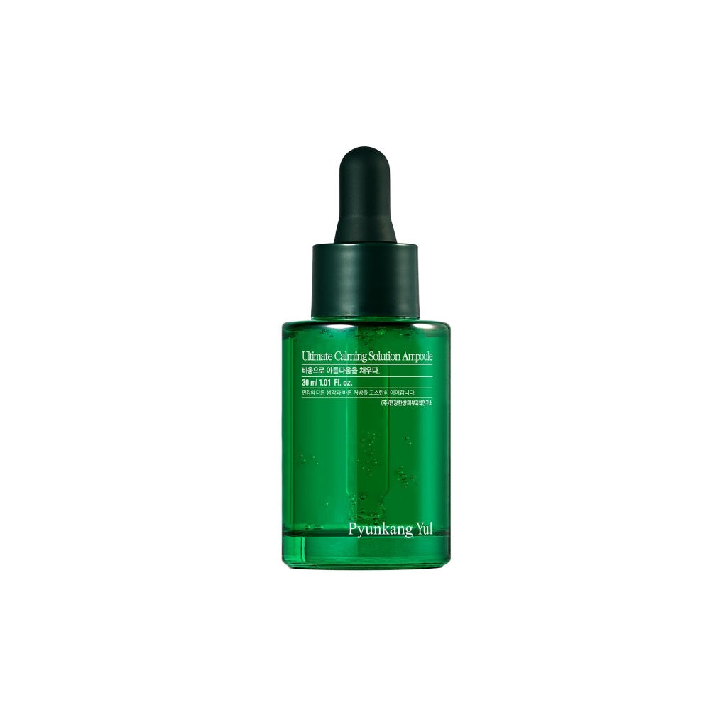 PYUNKANG YUL Ultimate Calming Solution Ampoule is a soothing and hydrating treatment designed to calm sensitive, irritated skin. Powered by calming extracts like Centella Asiatica, Tea Tree, and Scutellaria Baicalensis, it helps reduce redness, control oil, and support skin recovery. With a nourishing blend of Ceramides, Hyaluronic Acids, and Squalane, this ampoule strengthens the skin barrier and restores moisture without feeling heavy. Ideal for stressed, acne-prone, or reactive skin types.