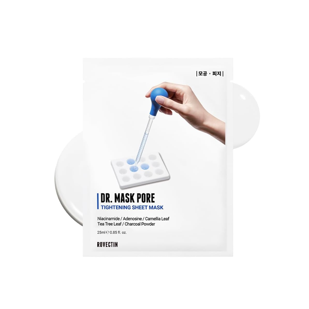 ROVECTIN Dr. Mask Pore Tightening Sheet Mask is expertly formulated to refine and tighten pores for a smoother complexion. Infused with natural extracts like Green Tea and Tea Tree, it offers powerful antioxidant and antibacterial benefits, helping to clear and soothe the skin. Niacinamide brightens and evens out skin tone, while Charcoal Powder effectively draws out impurities and excess oils. Ingredients like Betula Platyphylla Japonica Juice and Hyaluronic Acid hydrate and nourish, leaving the skin firm