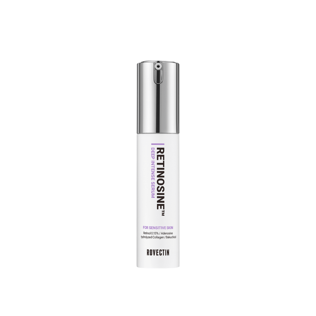ROVECTIN Retinosine Deep Intense Serum is a concentrated anti-aging serum that helps smooth fine lines, firm the skin, and restore radiance. Formulated with Retinol and Bakuchiol, it supports collagen production and improves elasticity while being gentle on the skin. Enriched with Niacinamide, Hydrolyzed Collagen, and Ceramide NP, it brightens, hydrates, and strengthens the skin barrier. With added Squalane, Macadamia Oil, and Panthenol, this serum nourishes and soothes, leaving skin plump, refined, and you