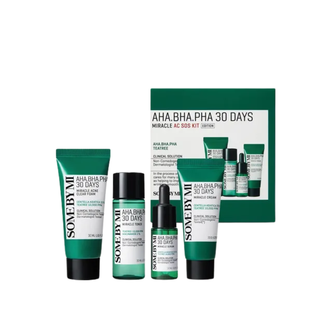 SOME BY MI AHA-BHA-PHA 30 Days Miracle AC SOS Kit is a comprehensive skincare set designed to target acne, exfoliate dead skin cells, and promote a smoother, brighter complexion. This kit includes key products formulated with AHA, BHA, and PHA to gently exfoliate, unclog pores, and reduce excess oil, while Tea Tree Extract soothes irritation. Ideal for sensitive and acne-prone skin, the kit helps achieve clearer, more radiant skin in just 30 days.