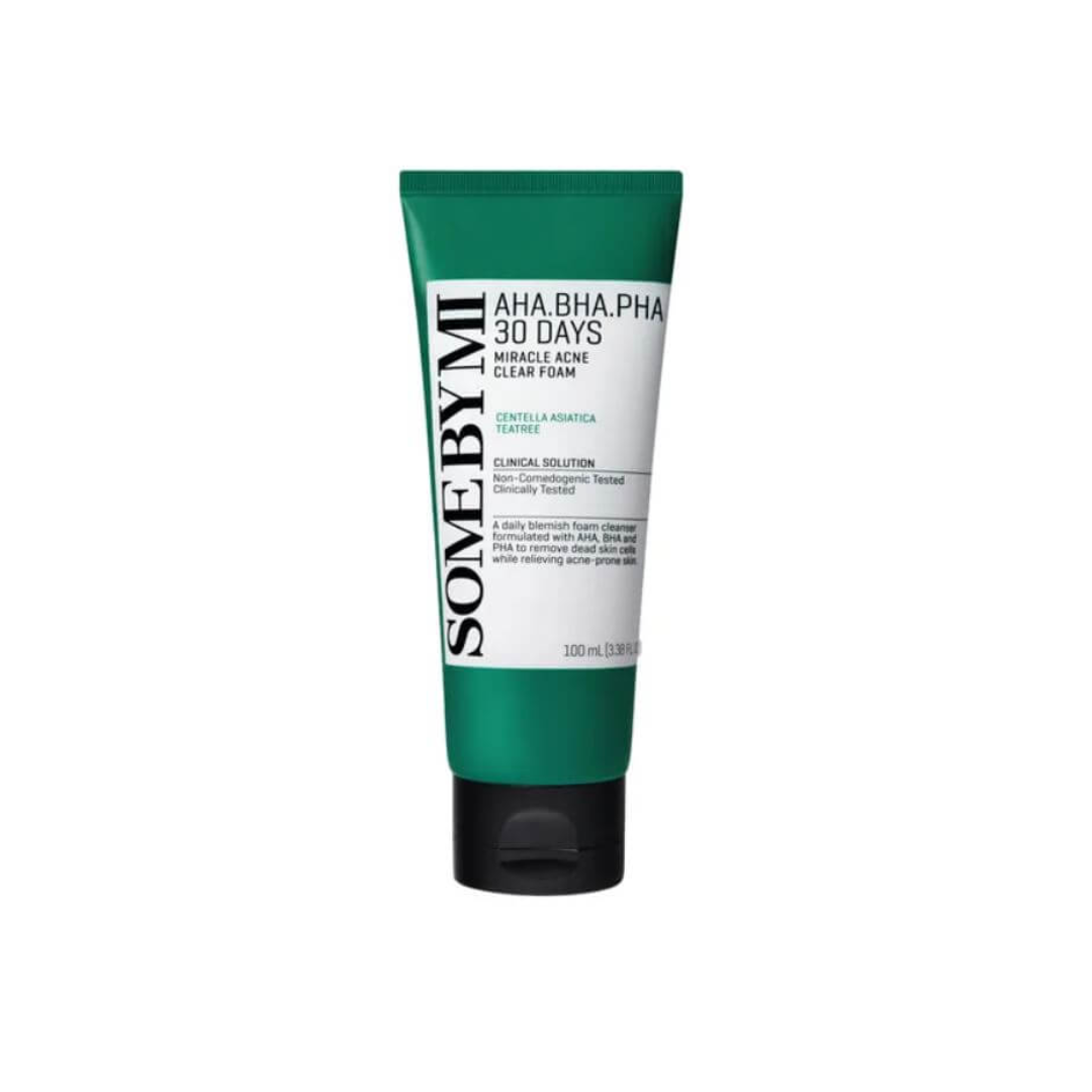 SOME BY MI AHA, BHA, PHA 30 Days Miracle Acne Clear Foam is a potent cleansing foam designed to combat acne and improve skin clarity. It combines the exfoliating powers of AHA, BHA, and PHA to gently remove dead skin cells, unclog pores, and smooth the skin's surface. Enriched with Tea Tree Leaf Water and Salicylic Acid, it targets acne-causing bacteria, reduces inflammation, and prevents future breakouts. Centella Asiatica Extracts and Madecassoside soothe and repair the skin barrier, making this cleanser