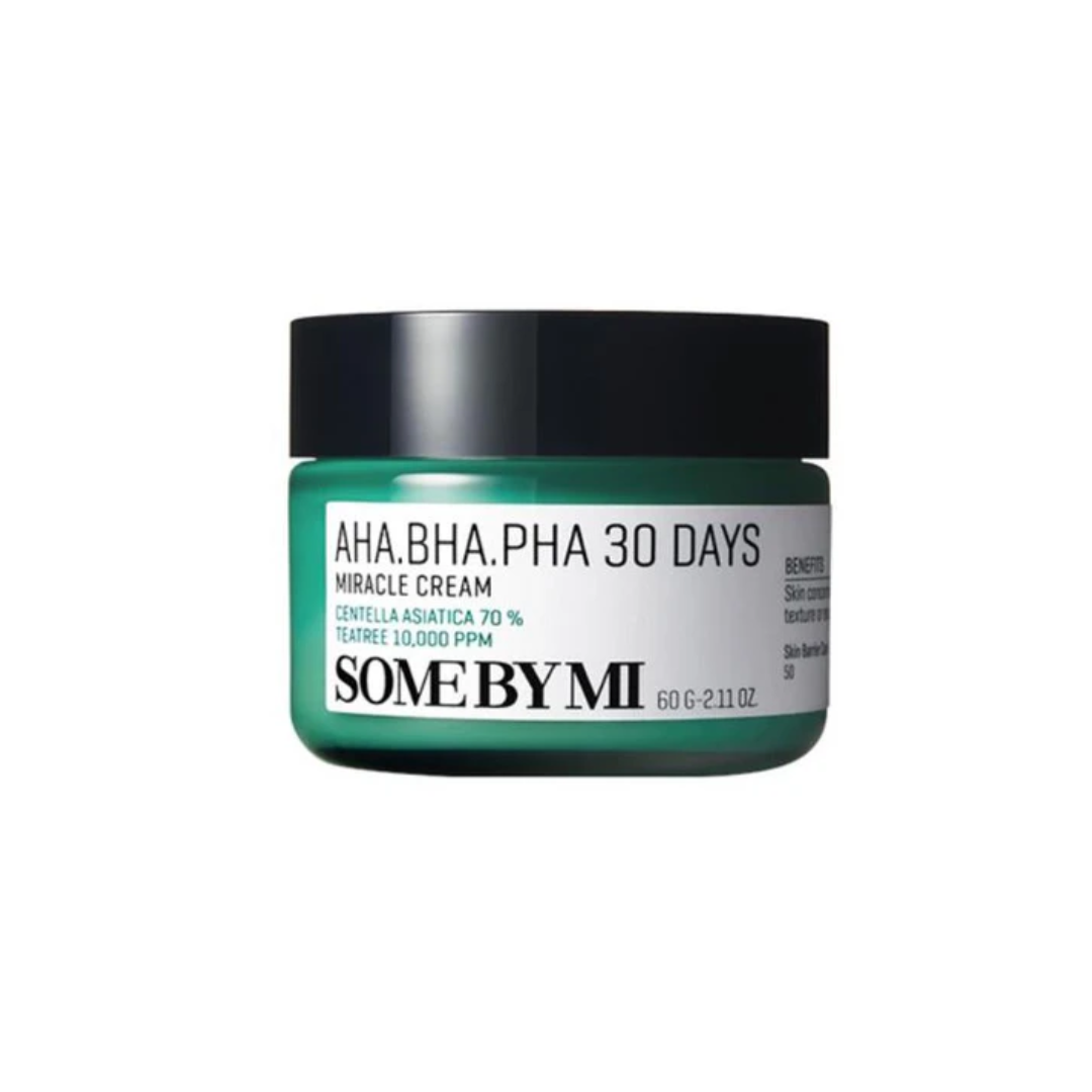 SOME BY MI AHA BHA PHA 30 Days Miracle Cream is a soothing, multi-tasking moisturizer that targets acne, redness, and rough texture. Enriched with Centella Asiatica, Tea Tree Leaf Water, and gentle exfoliants like AHA, BHA, and PHA, it calms irritated skin while clearing pores and boosting cell turnover. With added Niacinamide, Ceramide NP, and Hyaluronic Acid, it hydrates, strengthens the skin barrier, and promotes a clearer, smoother complexion.