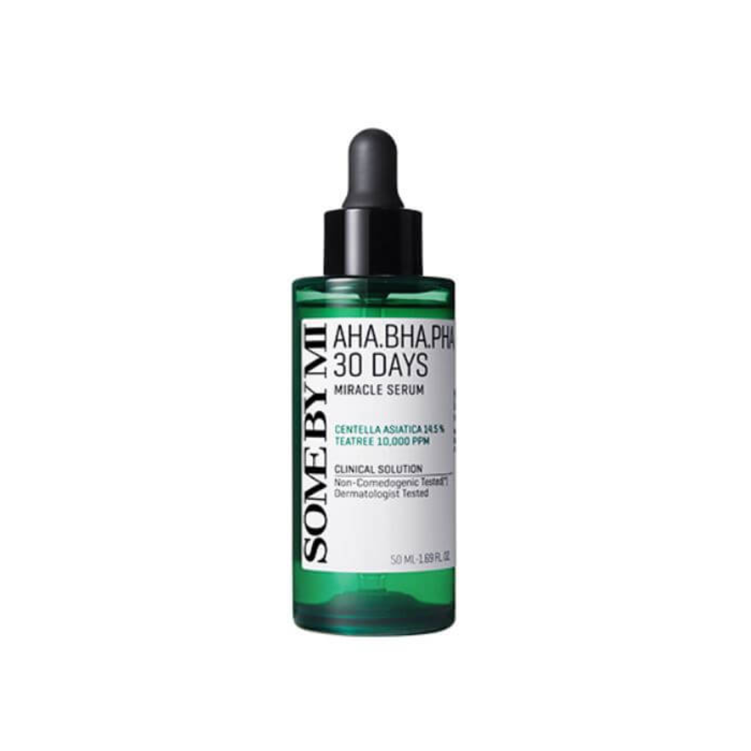 SOME BY MI AHA BHA PHA 30 Days Miracle Serum is a powerful yet gentle formula designed to improve skin texture and clarity. Enriched with Centella Asiatica Extract and Tea Tree Leaf Water, it soothes and calms while delivering hydration. Featuring a blend of AHA, BHA, and PHA, this serum exfoliates, unclogs pores, and refines the skin for a smoother, more radiant complexion. Packed with plant extracts like Chamomile, Lavender, and Basil, it nurtures the skin, making it ideal for achieving balanced and healt
