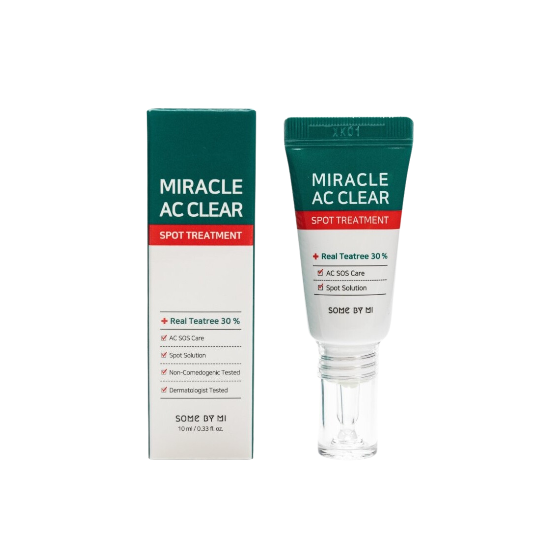 SOME BY MI Miracle AC Clear Spot Treatment is a targeted care solution designed to calm and treat acne-prone areas. Infused with Tea Tree Leaf Water, Salicylic Acid, Centella Asiatica Extract, and Kaolin Clay, it helps absorb excess oil, soothe irritation, and reduce the appearance of breakouts. Ideal for spot-treating troubled skin without over-drying.