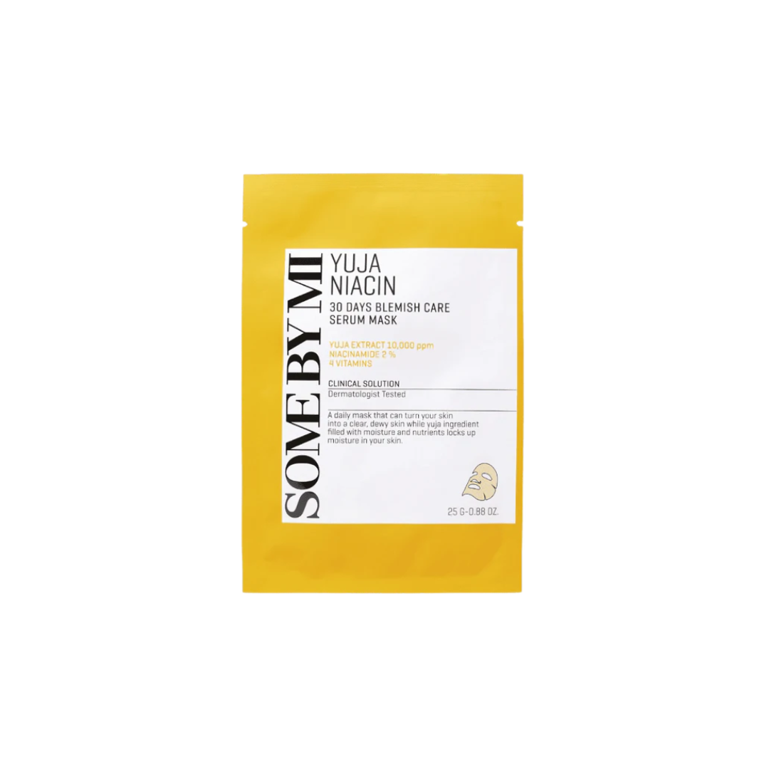 SOME BY MI Yuja Niacin Blemish Care Serum Mask is a brightening and hydrating sheet mask infused with 2% Niacinamide and 10,000 ppm of Yuja (Citrus Junos) Fruit Extract to target dark spots and uneven skin tone. This mask helps improve the complexion, reduce blemishes, and boost radiance. Enriched with Hyaluronic Acid for deep hydration and Allantoin to soothe the skin, it leaves your skin feeling refreshed and revitalized. The addition of Panthenol and botanical extracts further nourishes and calms the ski