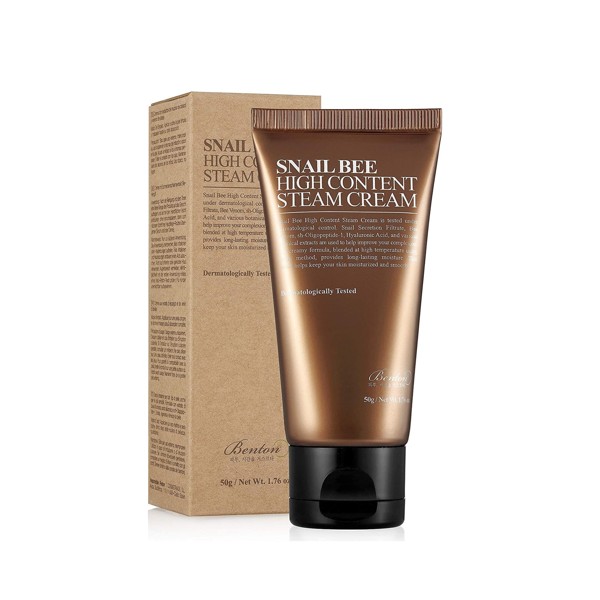 BENTON Snail Bee High Content Steam Cream is a rich, nourishing cream designed to repair, hydrate, and improve skin texture. Infused with Snail Secretion Filtrate to boost elasticity and repair damage, and Bee Venom to calm and revitalize, it supports healthier, smoother skin. Enhanced with Niacinamide, Peptides, and Hyaluronic Acid, it brightens, firms, and deeply hydrates. With added Botanical Extracts and Natural Oils, this cream strengthens the skin barrier while leaving skin soft, resilient, and radian