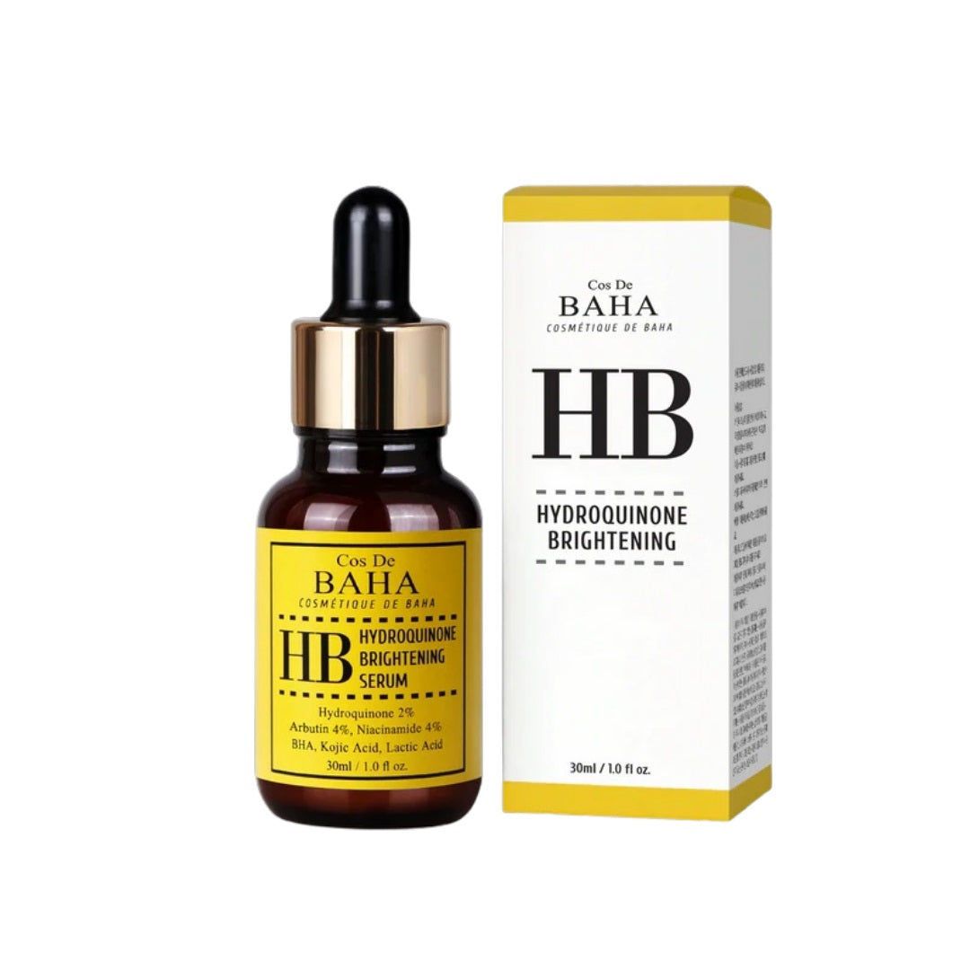 COS DE BAHA (HB) 2% Hydroquinone Brightening Serum is specially formulated to target hyperpigmentation and uneven skin tone. This potent serum contains 2% Hydroquinone, a powerful ingredient known for its effectiveness in reducing dark spots and melasma. It also includes Arbutin, Niacinamide, and Kojic Acid, which work together to brighten the skin and enhance overall complexion clarity. Additional components like Salicylic Acid and Lactic Acid exfoliate the skin to improve texture, while Aloe Leaf Extract