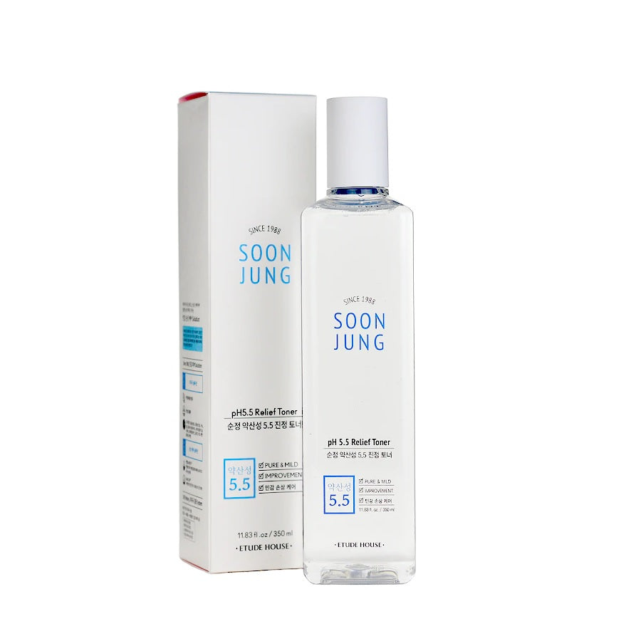 ETUDE HOUSE Soon Jung pH 5.5 Relief Toner is a gentle, low-acid toner designed to balance and calm sensitive skin. Infused with Panthenol and Madecassoside, it helps strengthen the skin barrier, soothe irritation, and provide lasting hydration. Enriched with Green Tea and Vitamin E, this lightweight formula refreshes and nourishes the skin, leaving it soft, smooth, and comfortably balanced.