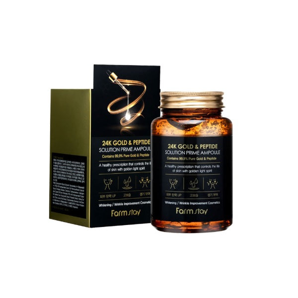 FARM STAY 24K Gold & Peptide Solution Prime Ampoule is a luxurious treatment that revitalizes and nourishes the skin. Infused with Peptides and 24K Gold, it helps improve elasticity and promote a firmer, youthful complexion. Enriched with Niacinamide, Honey, Propolis, and Royal Jelly Extracts, this ampoule brightens, hydrates, and strengthens the skin barrier. With a lightweight texture that absorbs quickly, it leaves skin smooth, radiant, and full of energy.