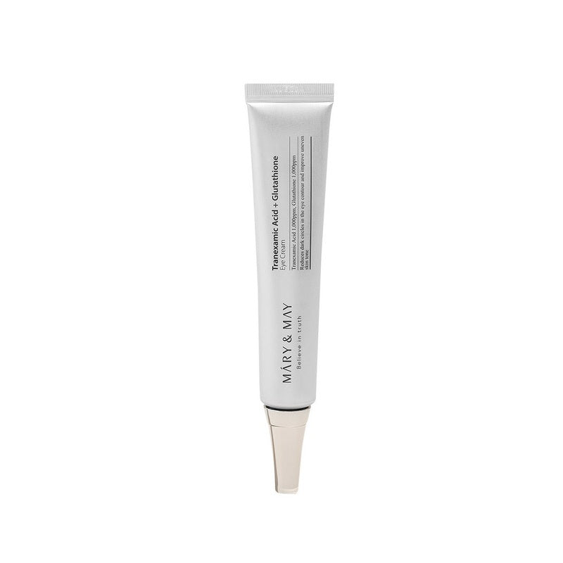 MARY & MAY Tranexamic Acid + Glutathione Eye Cream is a brightening and hydrating eye treatment designed to reduce dark circles and even out skin tone. Formulated with powerful ingredients like Tranexamic Acid and Glutathione, it targets pigmentation and dark spots around the eyes. Niacinamide and Ascorbic Acid enhance brightness, while Hyaluronic Acid and Panthenol provide deep moisture. This lightweight cream also helps smooth fine lines, leaving the eye area refreshed and radiant. Ideal for nourishing an