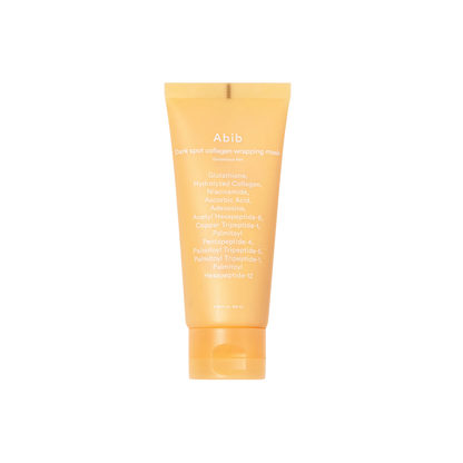 ABIB Dark Spot Collagen Wrapping Mask Glutathione Film is a brightening mask designed to improve uneven skin tone and enhance radiance. Enriched with Glutathione, Niacinamide, and Vitamin C, it helps reduce the appearance of dark spots while promoting a clearer, more luminous complexion. With Hydrolyzed Collagen and nourishing ingredients, it supports skin elasticity and hydration while gently removing dead skin cells. The cream-to-film texture helps deliver active ingredients effectively, leaving skin smoo