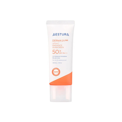 AESTURA Derma UV365 Vita-C Radiance Sunscreen SPF 50+ PA++++ is a lightweight chemical sunscreen designed to provide high UV protection while hydrating and brightening the skin. Formulated with a Vitamin C derivative and Niacinamide, it helps improve dullness and uneven tone for a more radiant complexion. Ceramide NP helps support the skin barrier, while Hydrolyzed Hyaluronic Acid provides moisture and Allantoin helps soothe sensitive skin. With a moisturizing, comfortable texture, it applies smoothly like 