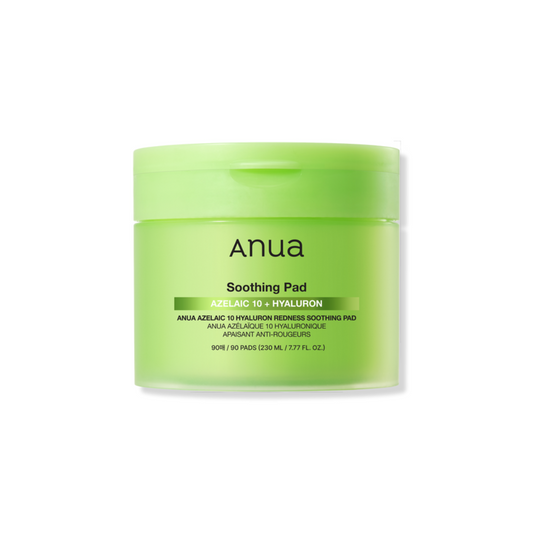 ANUA Azelaic 10 Hyaluron Redness Soothing Pad is a calming daily toner pad designed to reduce redness and hydrate sensitive or irritated skin. Infused with Azelaic Acid (10%), Hyaluronic Acid Complex, and Centella Asiatica Extracts, it helps soothe inflammation, support skin barrier health, and improve overall texture. With added Ceramide NP, Panthenol, and Squalane, this pad delivers lightweight moisture while targeting redness and blemishes—making it ideal for acne-prone, sensitive, or dehydrated skin typ