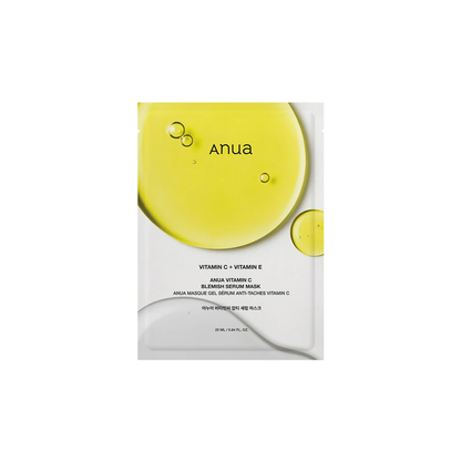 ANUA Vitamin C Blemish Serum Mask is a brightening sheet mask designed to improve dullness and dark spots. Made with Vitamin C, Niacinamide, and Ferulic Acid, it helps even skin tone while hydrating with Hyaluronic Acid. Soothing botanical extracts calm the skin, leaving your complexion fresh, radiant, and glowing after each use.