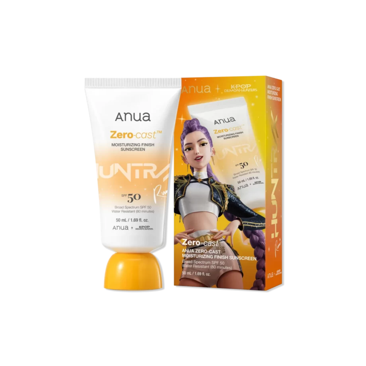 ANUA Zero-Cast Moisturizing Finish Sunscreen Kpop Demon Hunters Collaboration is a lightweight, water-resistant sunscreen with SPF 50PA++++ that provides broad-spectrum UV protection without leaving a white cast or greasy feel. Formulated with Hyaluronic Acid and Glycerin, it delivers lasting hydration for a smooth, glowy finish. Niacinamide helps balance excess sebum and improve skin tone, while Panthenol and Beta-Glucan help soothe and comfort the skin. The non-comedogenic tested formula is suitable for a