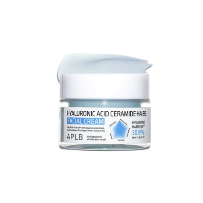 APLB Hyaluronic Acid Ceramide HA B5 Facial Cream is a deeply hydrating moisturizer that helps strengthen the skin barrier, soothe dryness, and keep skin soft and comfortable. Formulated with Hyaluronic Acid, Ceramide NP, Panthenol, Centella Asiatica, Squalane, Shea Butter, and Beta-Glucan, it supports lasting moisture and a smoother, healthier-looking complexion. Suitable for dry, dehydrated, normal, combination, and sensitive skin.