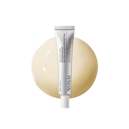 ARENCIA Eraser Shot Glycolic Acid Booster is a lightweight Korean exfoliating treatment designed to smooth rough texture, clarify pores, and help improve blemish-prone skin. Formulated with Glycolic Acid (AHA), Salicylic Acid (BHA), and Lactobionic Acid (PHA), it provides multi-level exfoliation while Niacinamide, Centella Asiatica, Panthenol, Allantoin, and Ceramide NP help soothe and support the skin barrier. The light cream texture absorbs comfortably without feeling heavy. Suitable for oily, combination