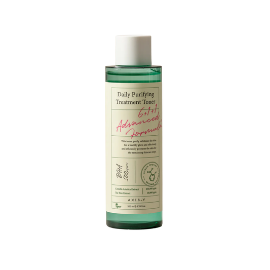 AXIS-Y Daily Purifying Treatment Toner is a refreshing exfoliating toner designed to help balance, clarify, and soothe the skin. Formulated with Centella Asiatica Extract, Tea Tree Extract, Aloe Leaf Water, Sodium Hyaluronate, Salicylic Acid, Sugar Cane Extract, and Lotus Extract, it helps remove dead skin cells, reduce excess oil, calm irritation, and support a clearer-looking complexion. Best suited for oily, combination, acne-prone, and congested skin.