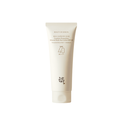 BEAUTY OF JOSEON Comfort Protection Mineral Body Sun Lotion is a lightweight SPF 40 PA++++ mineral sunscreen for the body that helps protect skin from harmful UV rays while keeping it comfortable and hydrated. Formulated with Zinc Oxide for mineral UV protection, Fermented Rice to help nourish and refresh, and Panthenol to soothe and support the skin barrier. The smooth lotion texture absorbs easily without feeling overly heavy. Suitable for&nbsp;normal, dry, sensitive, and dehydrated skin.