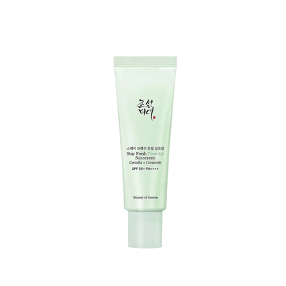 BEAUTY OF JOSEON Stay Fresh Tone-Up Sunscreen Green is an SPF 50+ PA++++ sunscreen with a soft green tint that helps visually neutralize redness and create a more even-looking complexion. The lightweight formula provides broad-spectrum UV protection while Centella Asiatica Extract helps soothe, Ceramide NP supports the skin barrier, and Glycerin helps maintain moisture. It also works well under makeup, leaving skin looking fresh, balanced, and naturally brightened without a heavy feel. Suitable for&nbsp;red
