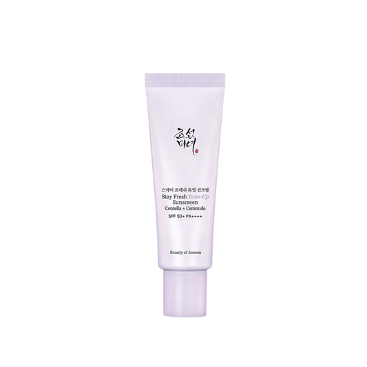 BEAUTY OF JOSEON Stay Fresh Tone-Up Sunscreen Purple is an SPF 50+ PA++++ sunscreen with a soft purple tint that helps brighten dull-looking skin and create a fresher, more radiant complexion. The lightweight formula provides broad-spectrum UV protection while Centella Asiatica Extract helps soothe, Ceramide NP supports the skin barrier, and Glycerin helps maintain moisture. It wears comfortably under makeup and leaves skin looking smooth, bright, and naturally refreshed. Suitable&nbsp;for dull, normal, com