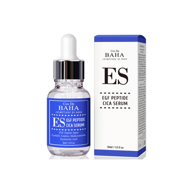 COS DE BAHA (ES) EGF Peptide CICA Serum is a rejuvenating serum designed for all skin types, especially those with sensitive or aging skin. It features EGF (Epidermal Growth Factor), a potent peptide that stimulates cell renewal and healing. Centella Asiatica and Madecassoside calm inflammation and strengthen the skin barrier, while Sodium Hyaluronate and Panthenol provide deep hydration. Additional botanical extracts, including Aloe Vera and Green Tea, offer soothing and antioxidant benefits. This serum is
