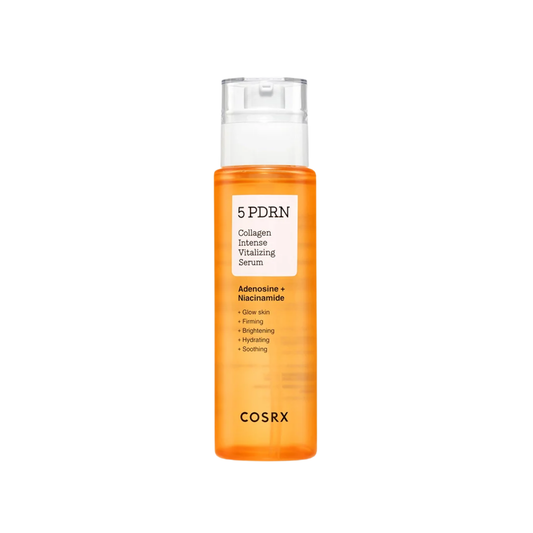 COSRX 5 PDRN Collagen Intense Vitalizing Serum is a hydrating and firming serum designed to improve skin elasticity and boost radiance. Formulated with PDRN (Sodium DNA) and Hydrolyzed Collagen, it helps support skin renewal while promoting a smoother, more youthful appearance. Niacinamide and Alpha-Arbutin brighten and even out skin tone, while Panthenol and Centella Asiatica soothe and strengthen the skin barrier. Multiple forms of Hyaluronic Acid provide deep, long-lasting hydration, leaving skin plump, 