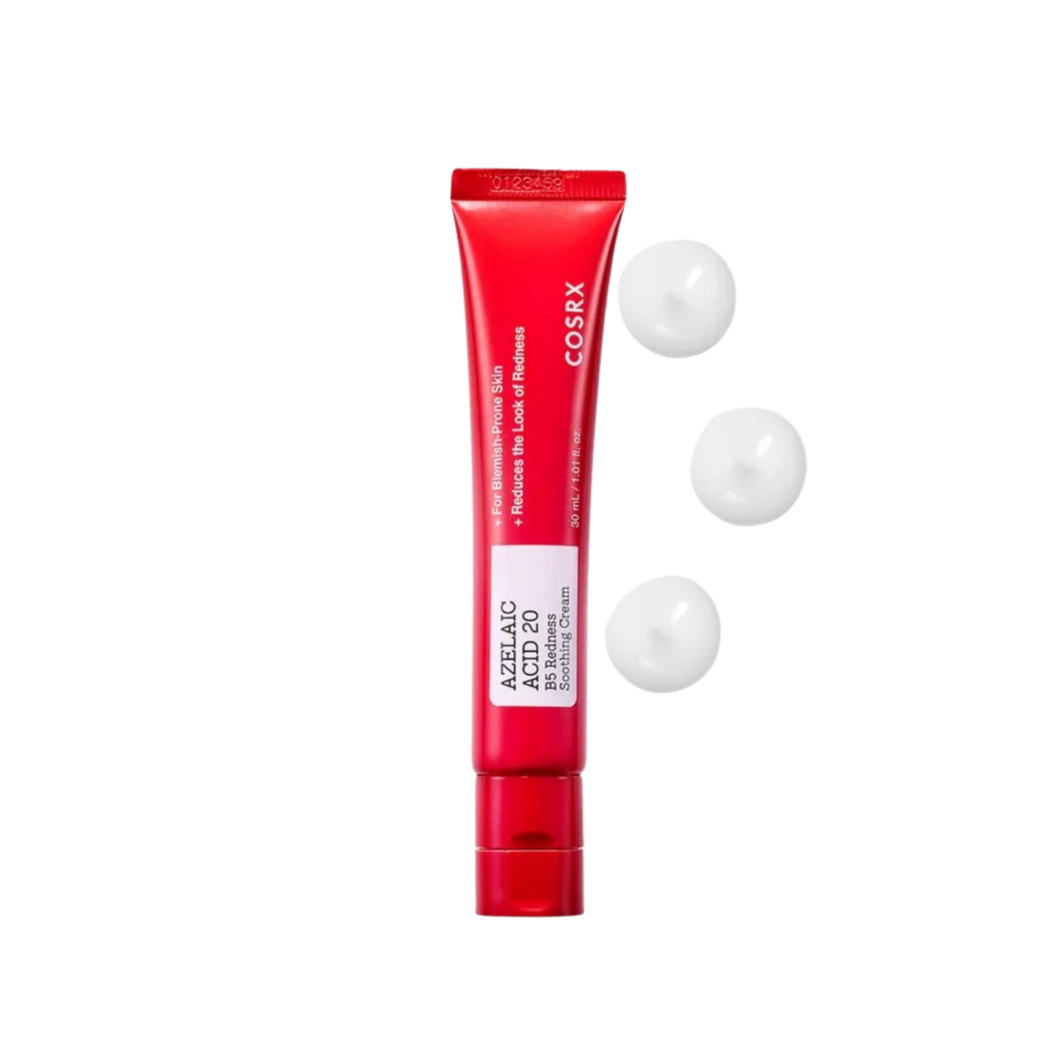 COSRX Azelaic Acid 20 B5 Redness Soothing Cream is a high-potency treatment cream designed to calm redness, balance excess oil, and care for blemish-prone skin. Formulated with 20% Azelaic Acid, Niacinamide, and Zinc PCA, it helps improve uneven skin tone, refine the look of pores, and reduce the appearance of post-blemish marks. Panthenol, Madecassoside, Allantoin, and five forms of Hyaluronic Acid provide soothing hydration and support the skin barrier. PHA provides gentle exfoliating care, while the low-