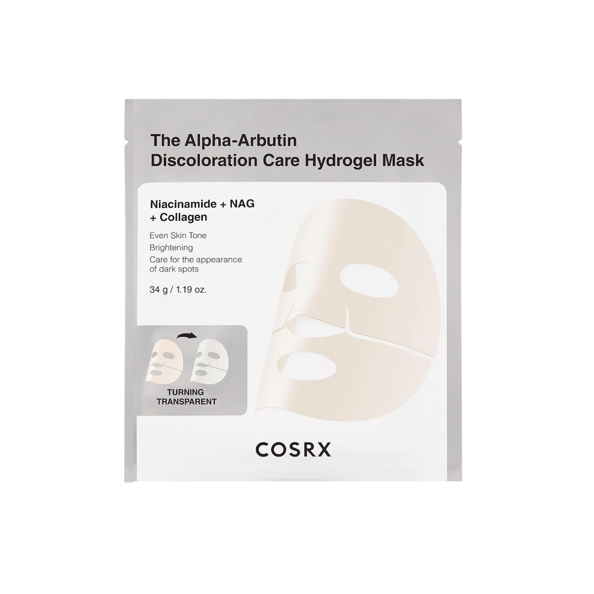 COSRX The Alpha-Arbutin Discoloration Care Hydrogel Mask is a brightening mask designed to target discoloration, uneven skin tone, and dullness for a clearer, more radiant complexion. Formulated with Alpha-Arbutin, Niacinamide, N-Acetyl Glucosamine (NAG), Glutathione, and Ferulic Acid, it helps improve the appearance of dark spots and promote a more even skin tone. Multiple forms of Hyaluronic Acid provide lasting hydration, while Ceramides, Panthenol, and Allantoin help soothe and support the skin barrier.