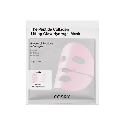 COSRX The Peptide Collagen Lifting Glow Hydrogel Mask is a firming and deeply hydrating mask designed to improve skin elasticity and reduce the appearance of fine lines and wrinkles. Formulated with 6 types of Peptides and Low Molecular Collagen, it helps support firmer, smoother, and more youthful-looking skin. Five types of Hyaluronic Acid provide multi-level hydration, while 5 types of Ceramides help strengthen the moisture barrier and prevent moisture loss. Niacinamide helps brighten dull skin, while Pa