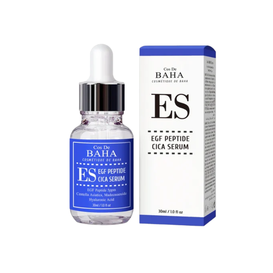 COS DE BAHA (ES) EGF Peptide CICA Serum is a rejuvenating serum designed for all skin types, especially those with sensitive or aging skin. It features EGF (Epidermal Growth Factor), a potent peptide that stimulates cell renewal and healing. Centella Asiatica and Madecassoside calm inflammation and strengthen the skin barrier, while Sodium Hyaluronate and Panthenol provide deep hydration. Additional botanical extracts, including Aloe Vera and Green Tea, offer soothing and antioxidant benefits. This serum is