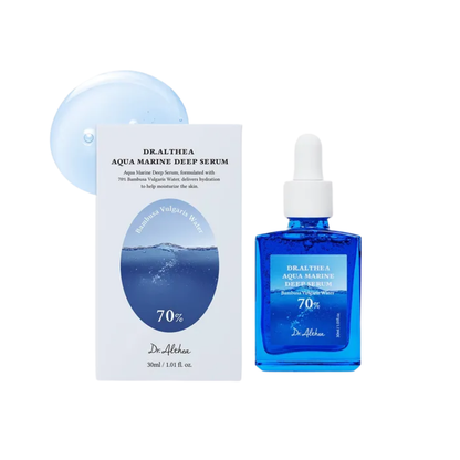 DR. ALTHEA Aqua Marine Deep Serum is a lightweight hydrating serum made with 70% Bambusa Vulgaris Water to deeply replenish moisture and leave skin feeling fresh and plump. Formulated with Niacinamide, Panthenol, Centella Asiatica, Sodium Hyaluronate, Adenosine, Guaiazulene, and marine extracts, it helps soothe the skin, support elasticity, and improve the look of dullness and dehydration. Suitable for dry, dehydrated, normal, combination, and sensitive skin.