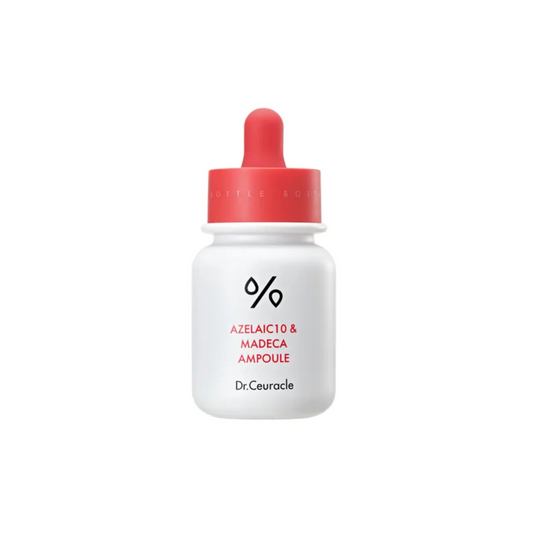 DR. CEURACLE Azelaic 10 & Madeca Ampoule is a calming and brightening treatment designed to target blemishes, uneven skin tone, and sensitivity. Formulated with 10% Azelaic Acid and Madecassoside, it helps soothe irritation, reduce redness, and refine skin texture. Enriched with Panthenol, Sugarcane Extract, and Cacao Extract, this lightweight ampoule also supports moisture balance and skin clarity. Ideal for acne-prone, sensitive, or dull skin.