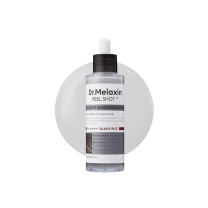 DR. MELAXIN Peel Shot Exfoliating Black Rice Ampoule is a brightening exfoliating ampoule made to smooth rough texture, remove dead skin buildup, and improve the look of dull, uneven skin. Formulated with Rice Bran Water, Rice Extract, Charcoal Powder, Niacinamide, Arbutin, Gluconolactone, Salicylic Acid, Squalane, Hyaluronic Acid, Hydrolyzed Hyaluronic Acid, and Sodium Hyaluronate, it helps refine clogged pores while keeping skin hydrated and comfortable. This ampoule is best suited for dull, rough, textur