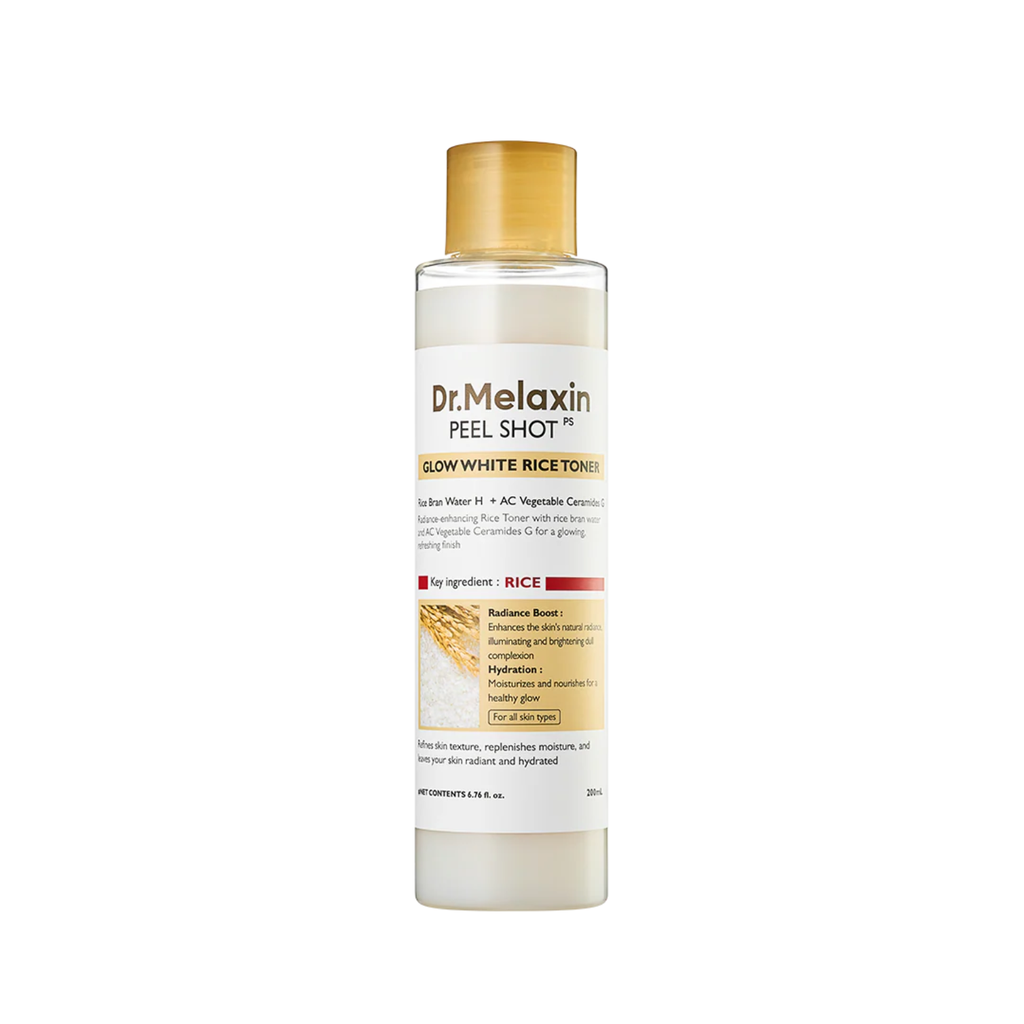 DR. MELAXIN Peel Shot Glow White Rice Toner is a milky brightening toner made to hydrate, nourish, and improve the look of dull skin. Formulated with Rice Bran Water, Rice Extract, Rice Amino Acids, Niacinamide, Panthenol, Galactomyces Ferment Filtrate, Hyaluronic Acid, Sodium Hyaluronate, and Ceramide-supporting ingredients, it helps replenish moisture while supporting a smoother, brighter-looking complexion. The lightweight milky texture absorbs comfortably without a sticky finish, leaving skin soft, refr