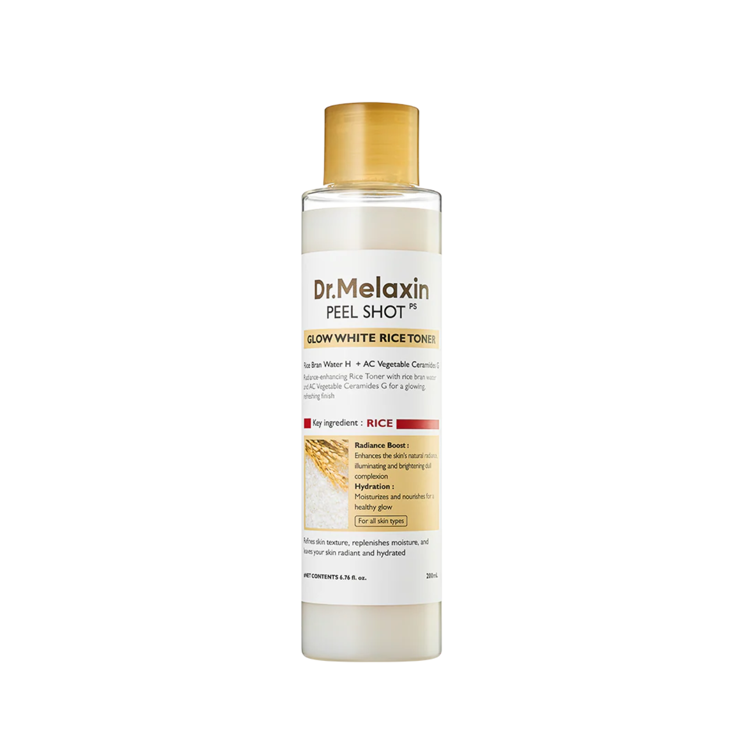 DR. MELAXIN Peel Shot Glow White Rice Toner is a milky brightening toner made to hydrate, nourish, and improve the look of dull skin. Formulated with Rice Bran Water, Rice Extract, Rice Amino Acids, Niacinamide, Panthenol, Galactomyces Ferment Filtrate, Hyaluronic Acid, Sodium Hyaluronate, and Ceramide-supporting ingredients, it helps replenish moisture while supporting a smoother, brighter-looking complexion. The lightweight milky texture absorbs comfortably without a sticky finish, leaving skin soft, refr