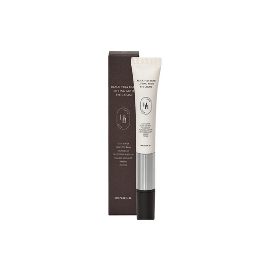 HEVEBLUE Black Yuja Bean Lifting Auto Eye Cream is a brightening and firming eye treatment designed to revitalize the delicate eye area. Formulated with a high concentration of Yuja (Citrus Junos) Fruit Water and enriched with Black Bean and Soybean Extracts, it delivers hydration and nourishment to help reduce dullness and improve elasticity. Niacinamide brightens the under-eye area, while Collagen, Peptides, and Adenosine work to smooth fine lines and support a firmer look. Infused with botanical extracts