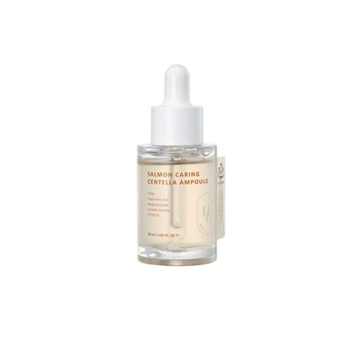 HEVEBLUE Salmon Caring Centella Ampoule is a calming and deeply hydrating serum designed to strengthen and repair sensitive skin. Packed with Centella Asiatica Leaf Water, Salmon Egg Extract, and multiple forms of Hyaluronic Acid, it helps soothe irritation, boost moisture, and support skin recovery. Lightweight yet nourishing, it leaves the skin smooth, refreshed, and resilient.