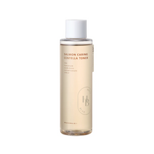 Load image into Gallery viewer, HEVEBLUE Salmon Caring Centella Toner is a soothing and hydrating toner designed to calm and strengthen sensitive skin. Formulated with a high concentration of Centella Asiatica Leaf Water, Houttuynia Cordata Water, and Salmon Egg Extract, it helps repair the skin barrier and boost hydration. Enriched with Panthenol, Madecassoside, and Sodium Hyaluronate, it leaves the skin feeling refreshed, balanced, and revitalized. Ideal for sensitive, dry, or irritated skin types.