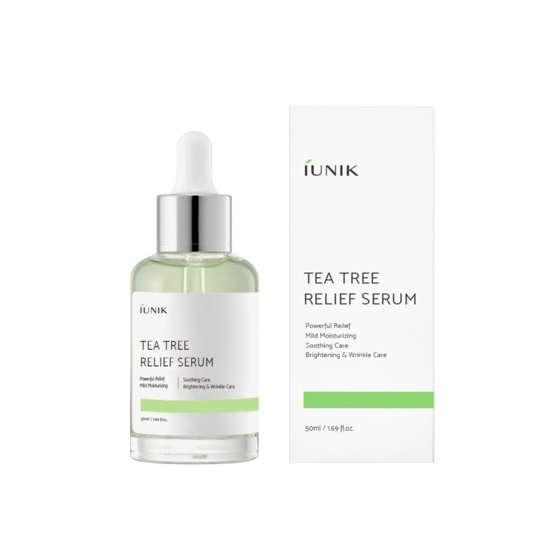 IUNIK Tea Tree Relief Serum is a calming, lightweight serum that helps soothe irritation, reduce redness, and balance troubled skin. Formulated with Tea Tree Leaf Water and Centella, it targets blemishes while hydrating with Beta-Glucan and Sodium Hyaluronate. Perfect for sensitive and acne-prone skin needing gentle daily relief.