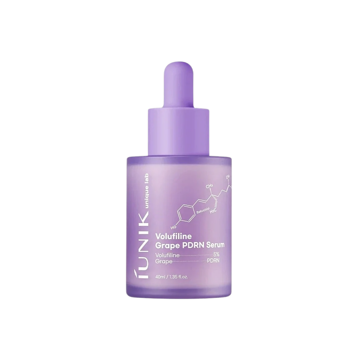 IUNIK Volufiline Grape PDRN Serum is a firming and plumping serum designed to improve elasticity, smooth fine lines, and support bouncy, youthful-looking skin. Formulated with 5% Volufiline, Grape PDRN, Bakuchiol, and six Peptides, it helps improve firmness, skin texture, and the appearance of enlarged pores. Squalane, Beta-Glucan, Hyaluronic Acid, and Hydrolyzed Collagen provide nourishing hydration and help support the skin barrier. The silky, fragrance-free formula is clinically tested and suitable for s